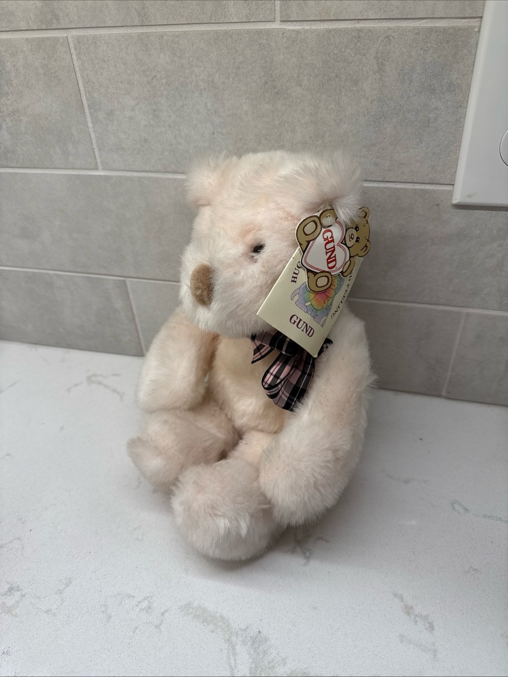 NWT Vintage GUND pink Plush Bear with Plaid Bow 1990 13”